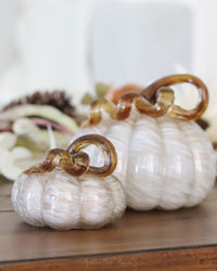 Cream and Gold Swirl Handblown Glass Pumpkin Round