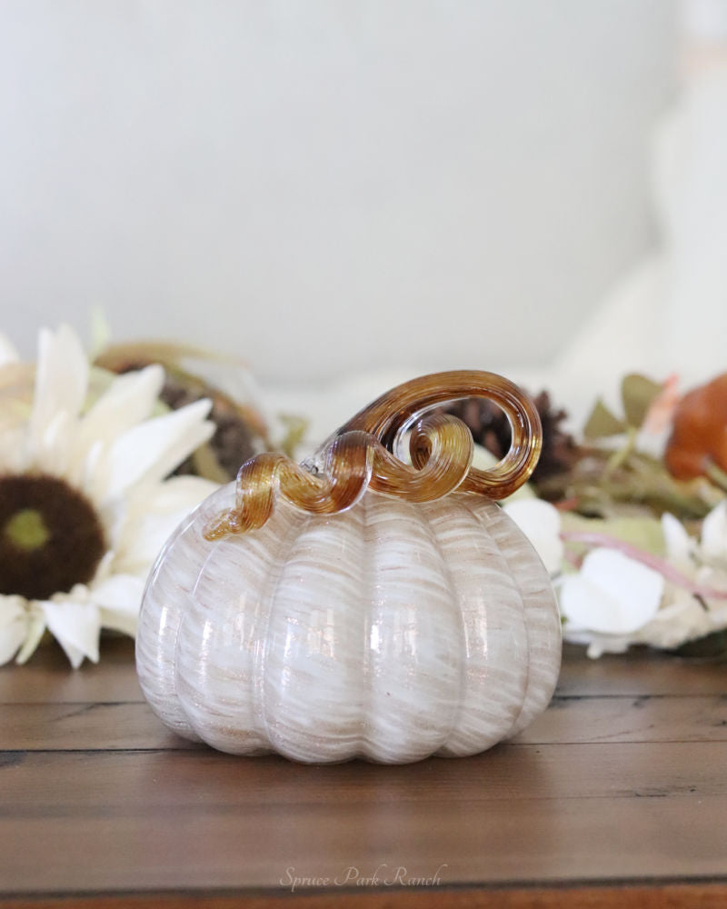 Cream and Gold Swirl Handblown Glass Pumpkin Round