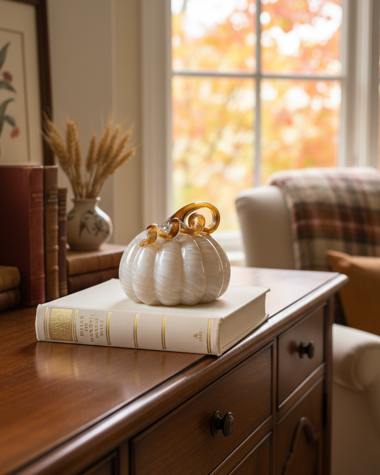 Cream and Gold Swirl Handblown Glass Pumpkin Round