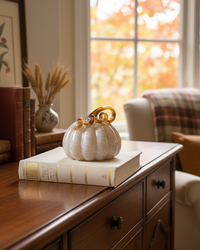 Cream and Gold Swirl Handblown Glass Pumpkin Round