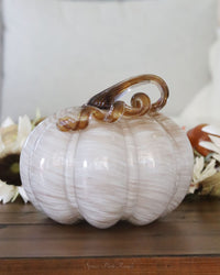 Cream and Gold Swirl Handblown Glass Pumpkin Round