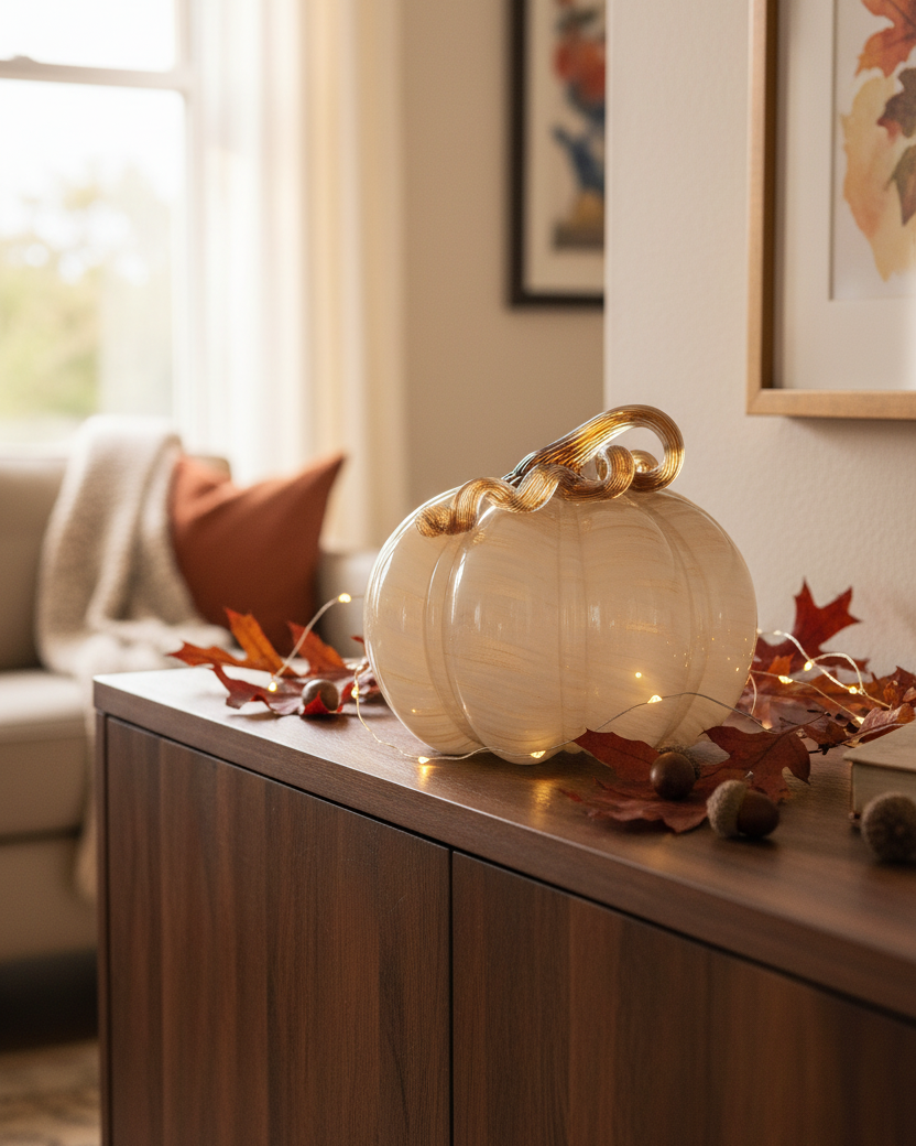 Cream and Gold Swirl Handblown Glass Pumpkin Round