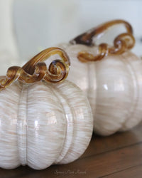 Cream and Gold Swirl Handblown Glass Pumpkin Round