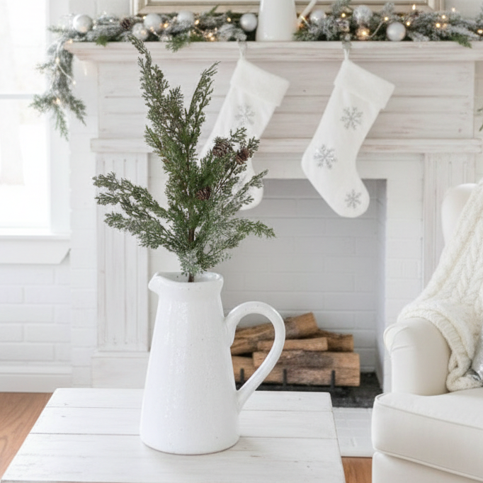 Soft Snowy Cypress Stem With Pinecones Real Touch 30"