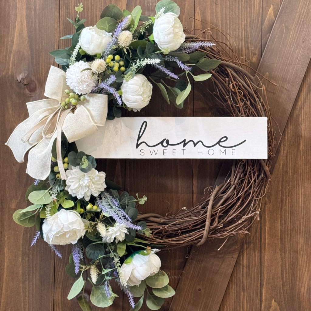 Home Sweet Home White Peony and Green Berry Wreath