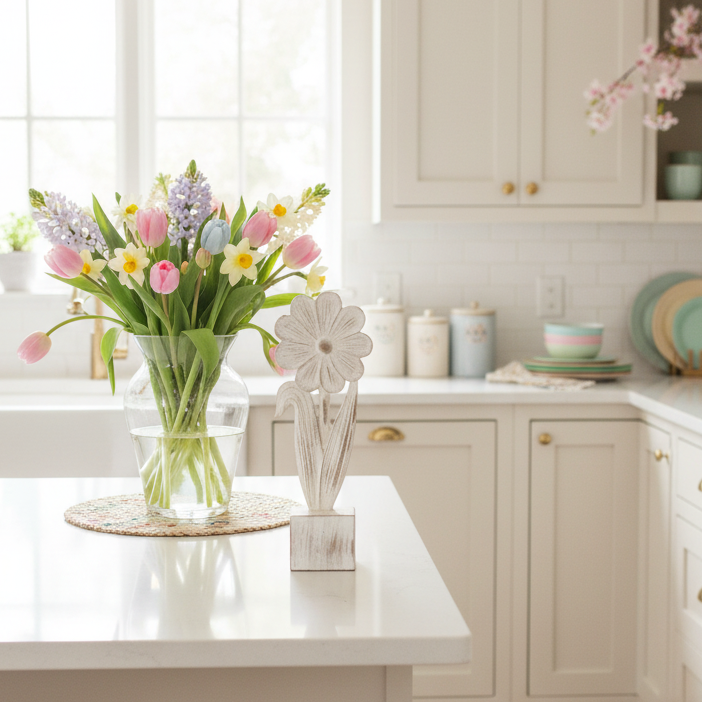 Distressed Wooden Daisy on Block 11.5"H