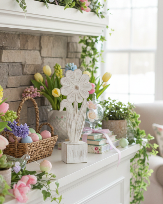 Distressed Wooden Daisy on Block 11.5"H