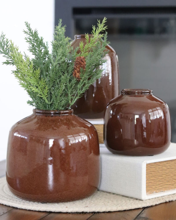 Dark Brown Glazed Short Ceramic Vase