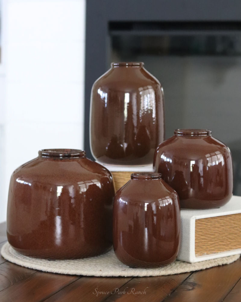 Dark Brown Glazed Short Ceramic Vase