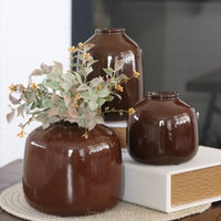 Dark Brown Glazed Short Ceramic Vase