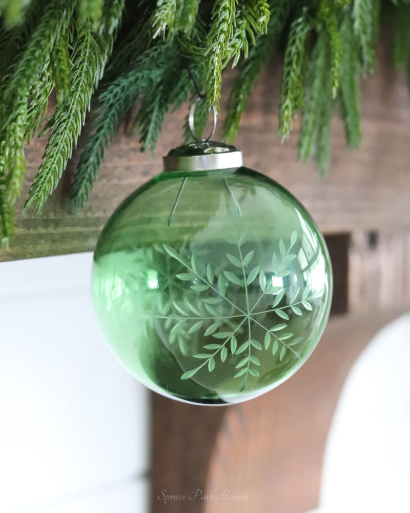 Etched Green Snowflake Glass Ornament