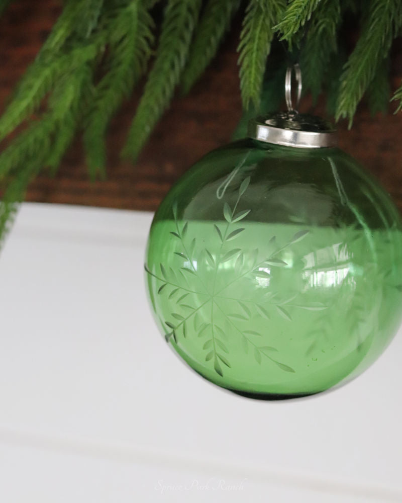 Etched Green Snowflake Glass Ornament