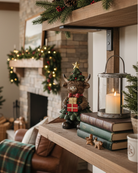 Holiday Highland Cow in Evergreen Dress