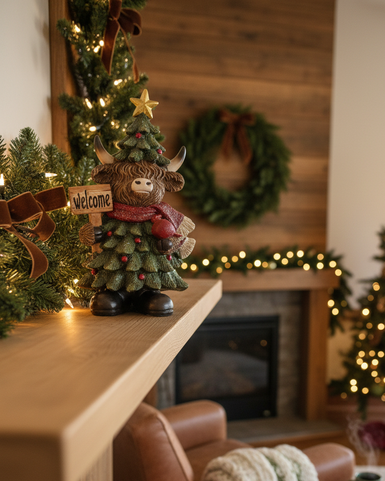Holiday Highland Cow in Evergreen Dress