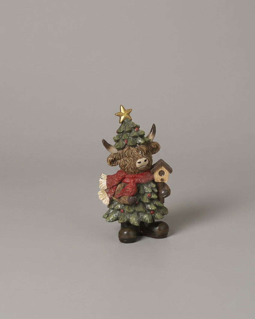 Holiday Highland Cow in Evergreen Dress