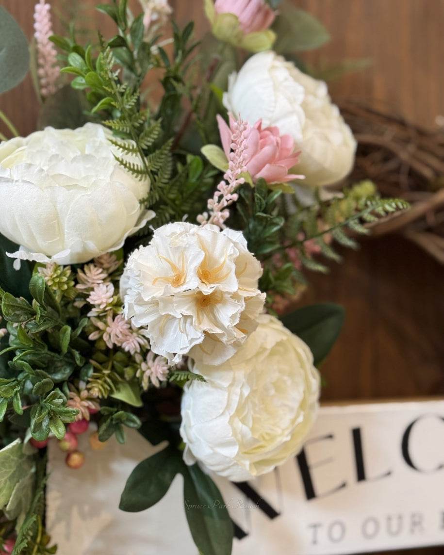 Welcome to Our Home White Peony and Pink Dahlia Wreath