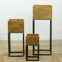 Square Wood Frame Planters With Metal Stands
