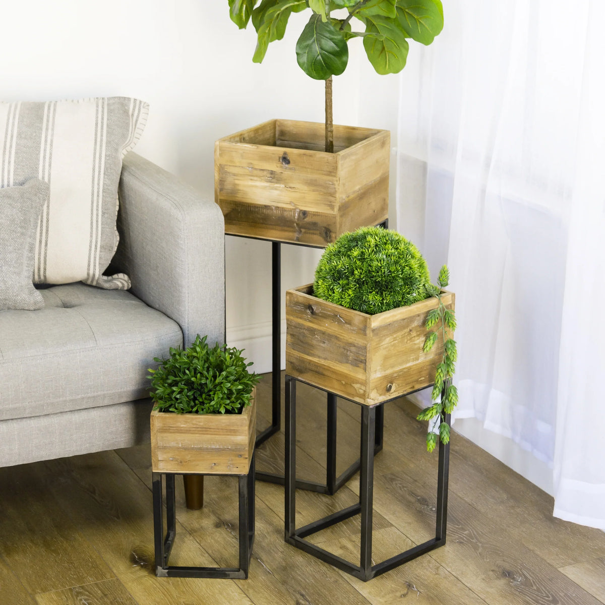 Square Wood Frame Planters With Metal Stands