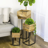 Square Wood Frame Planters With Metal Stands