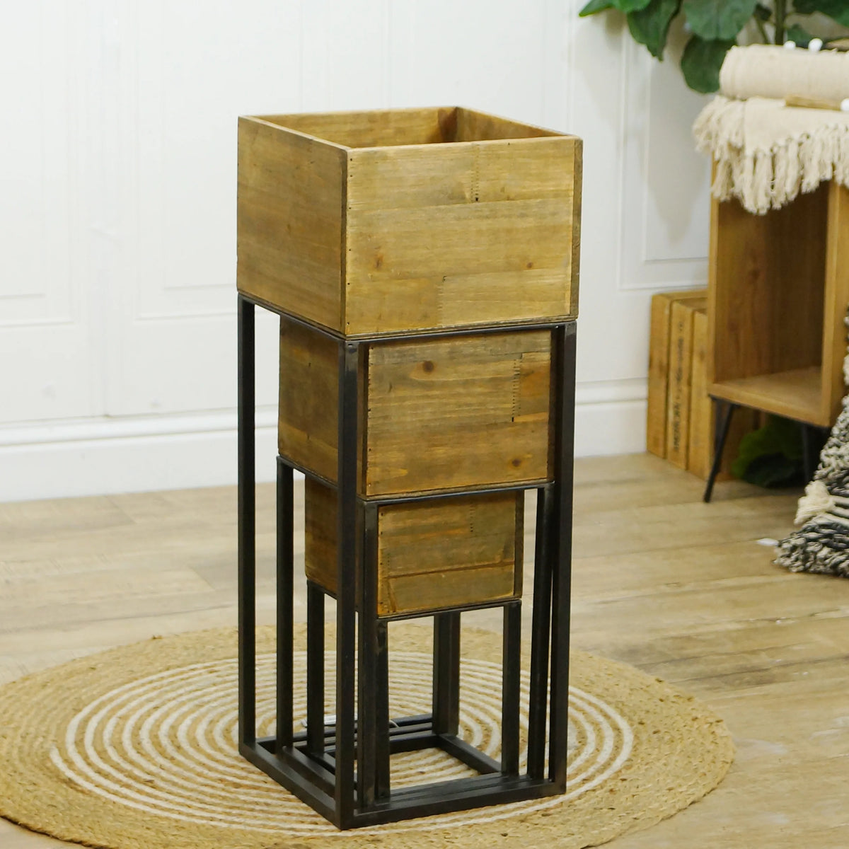 Square Wood Frame Planters With Metal Stands