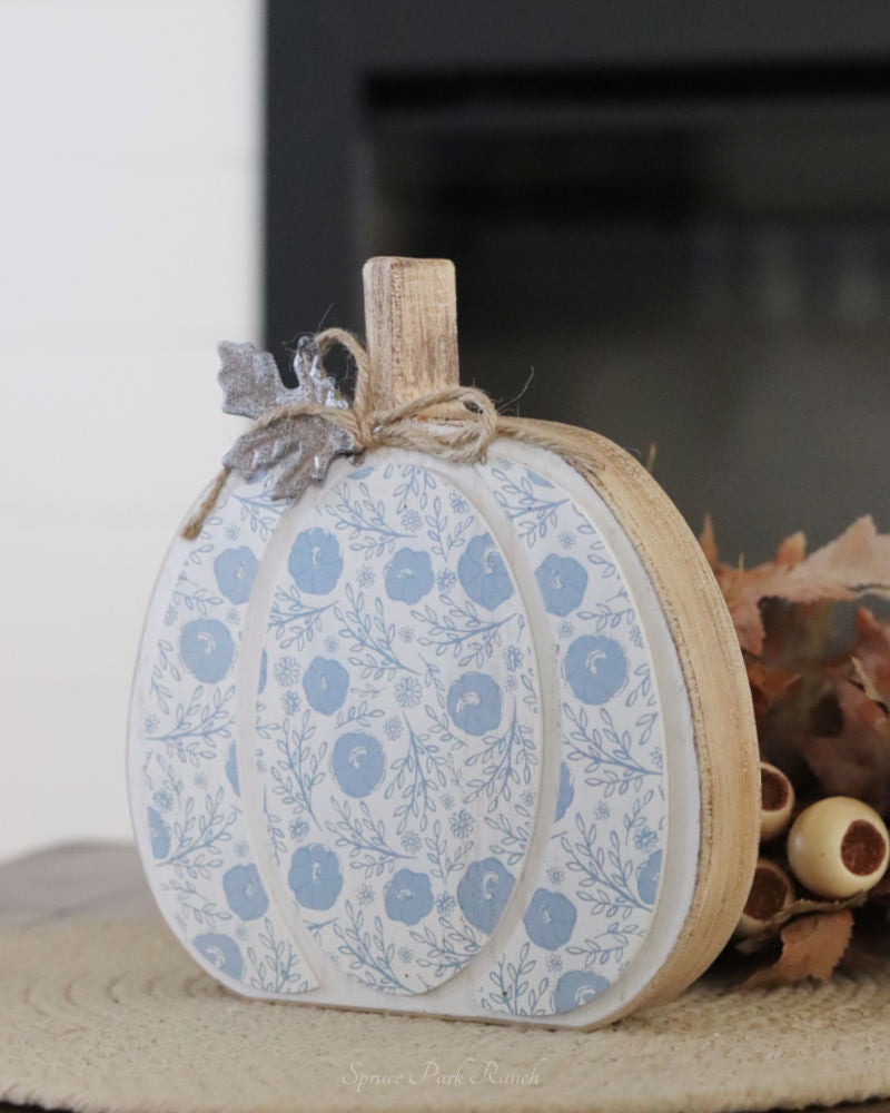 Fall Folk Blue Floral Pumpkin Block