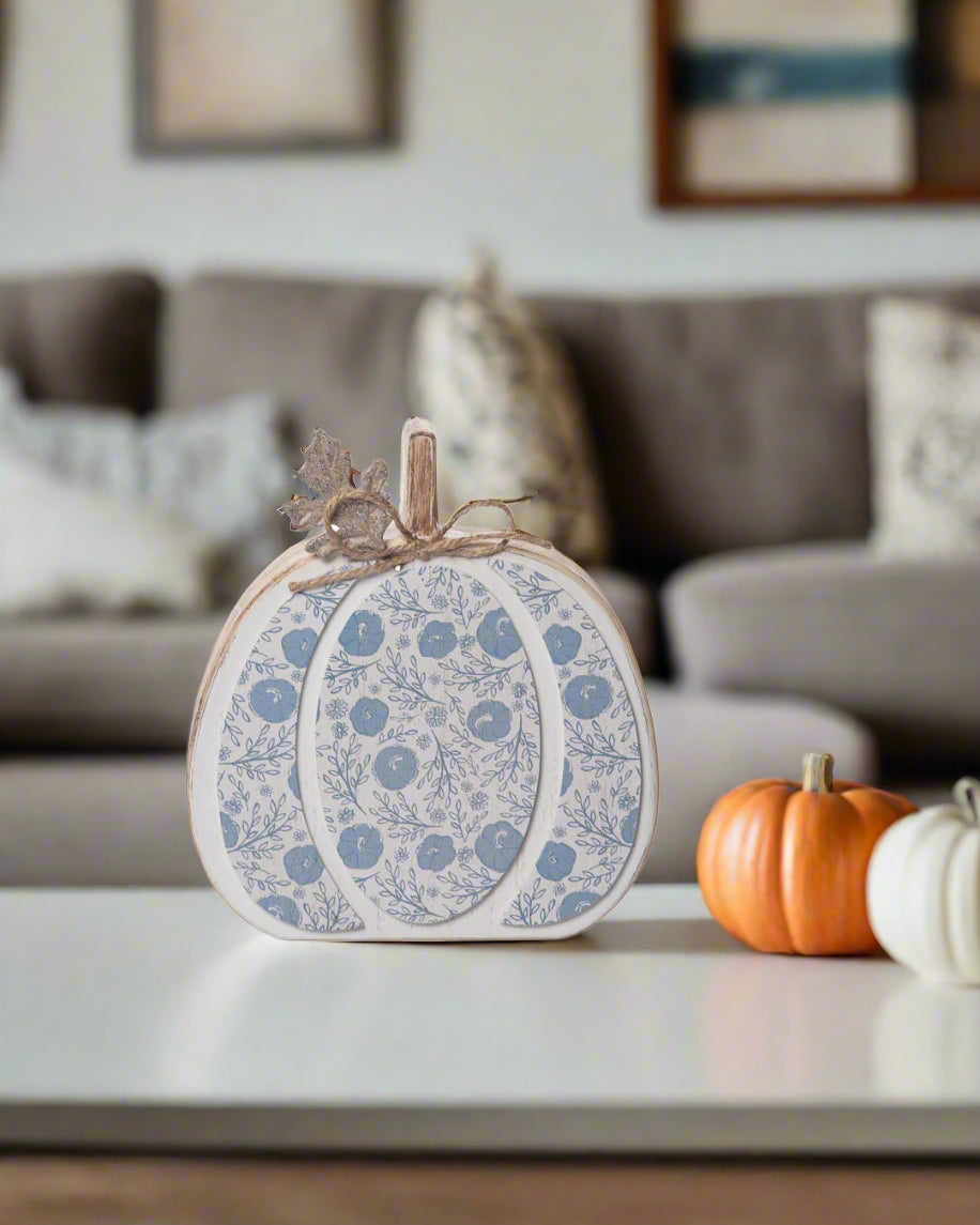 Fall Folk Blue Floral Pumpkin Block