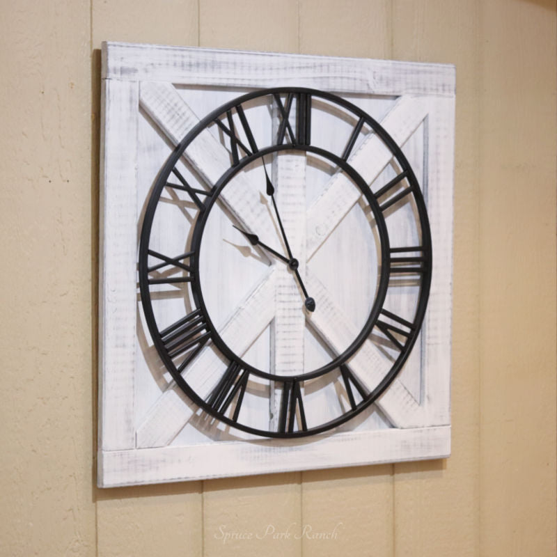 Large Farmhouse Square Clock White Over Grey