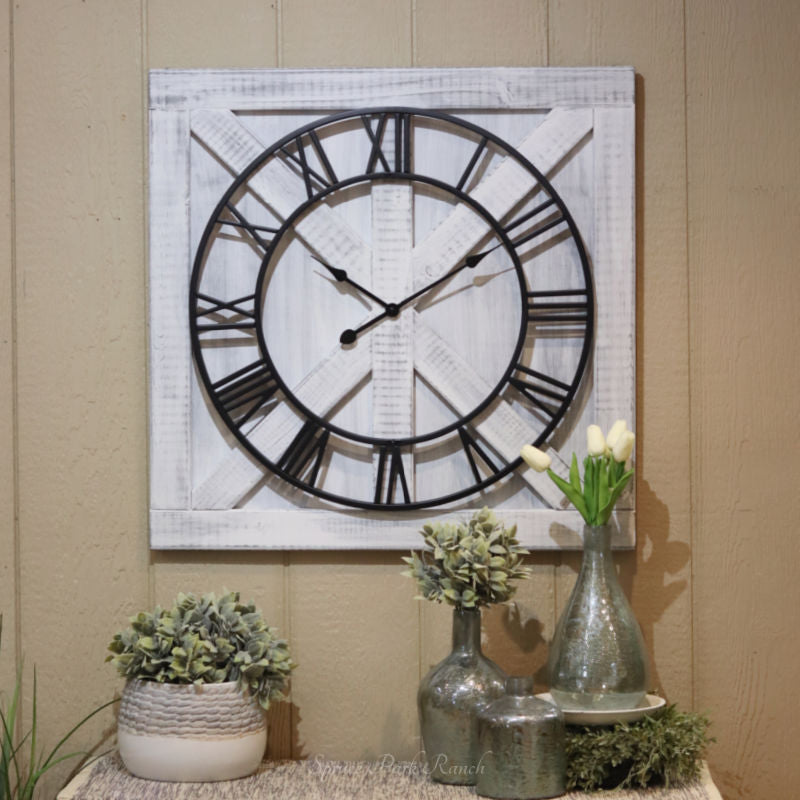Large Farmhouse Square Clock White Over Grey