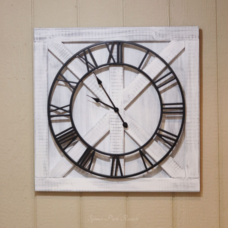 Large Farmhouse Square Clock White Over Grey