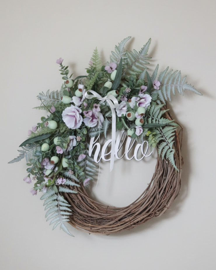 Hello Lavender Hollyhock and Ostrich Fern Wreath