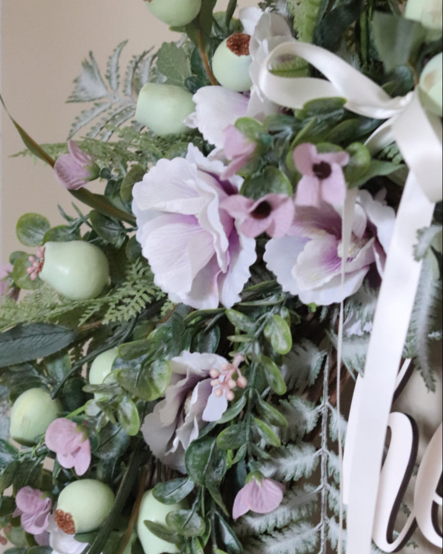 Hello Lavender Hollyhock and Ostrich Fern Wreath
