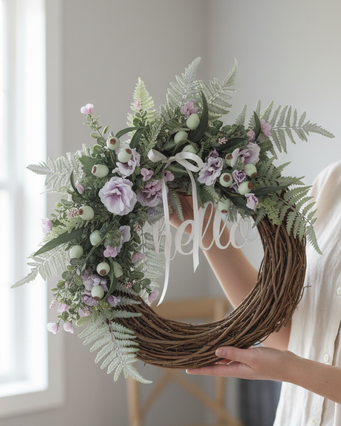 Hello Lavender Hollyhock and Ostrich Fern Wreath