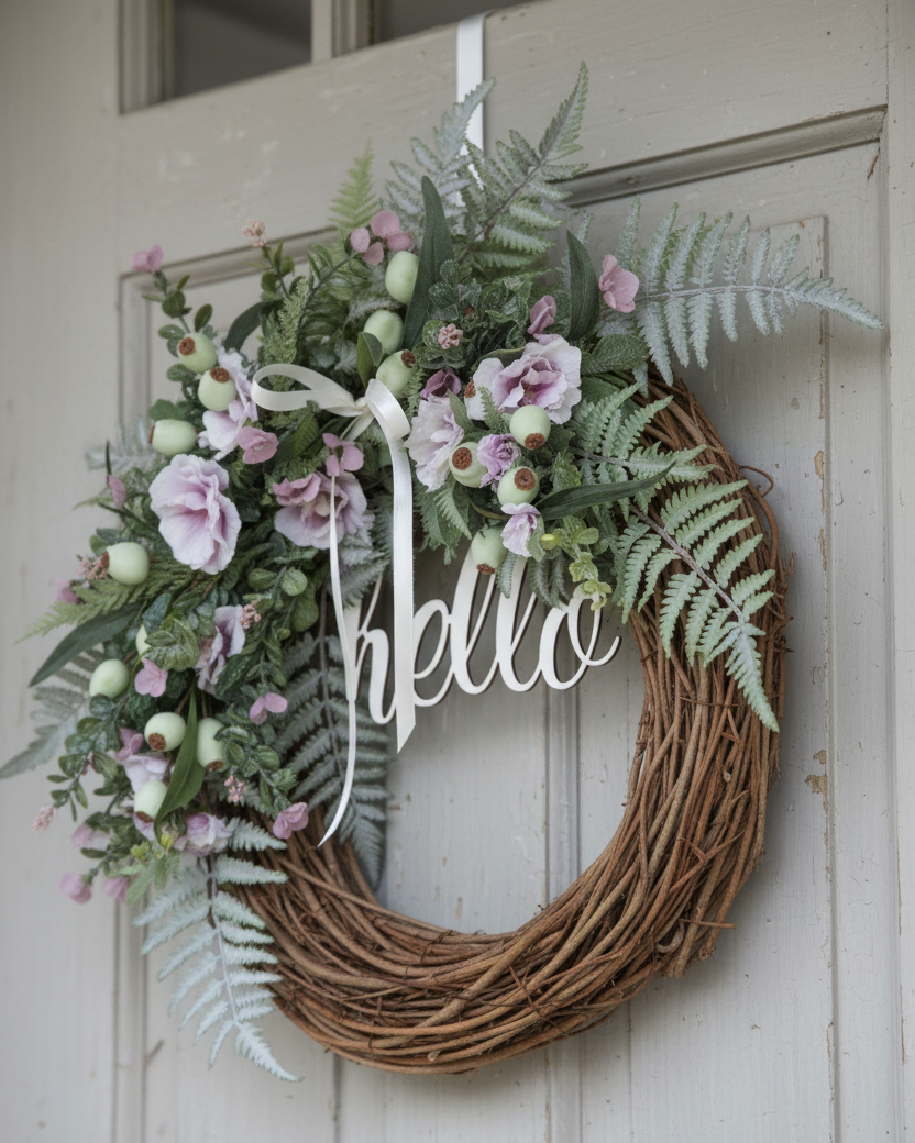 Hello Lavender Hollyhock and Ostrich Fern Wreath