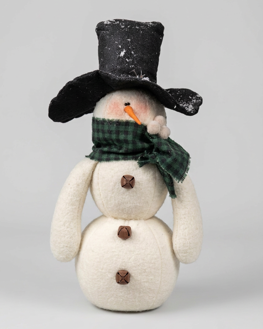 Floppy Top Hat Snowman With Green Plaid Scarf 16.5