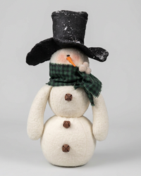 Floppy Top Hat Snowman With Green Plaid Scarf 16.5