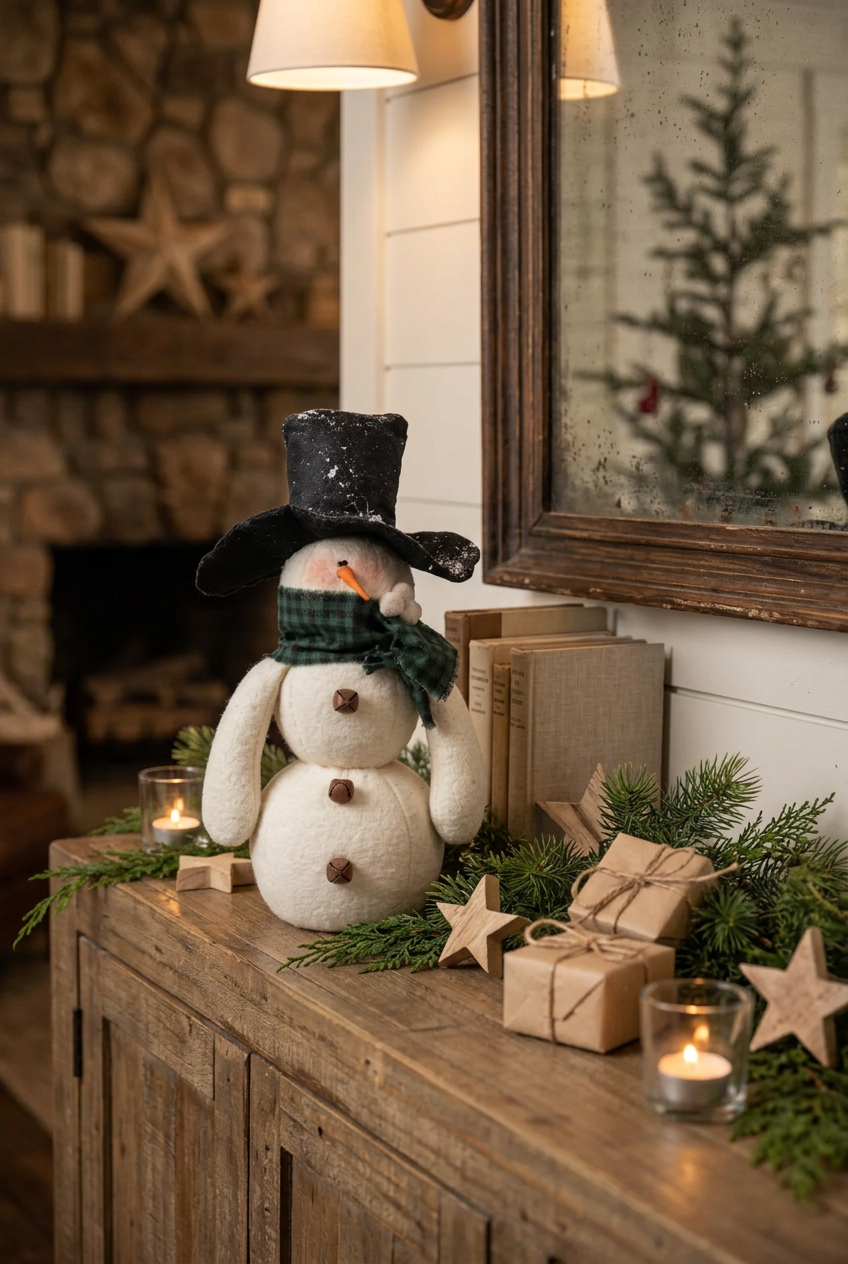 Floppy Top Hat Snowman With Green Plaid Scarf 16.5
