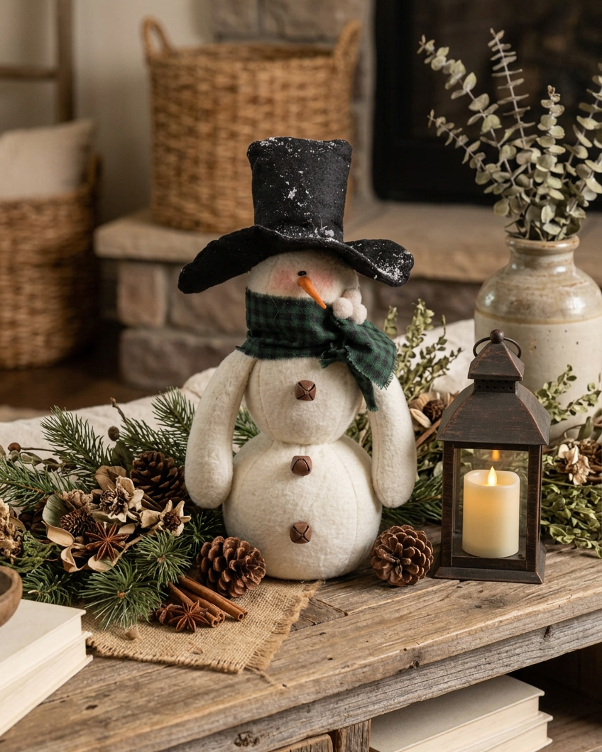 Floppy Top Hat Snowman With Green Plaid Scarf 16.5