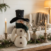 Floppy Top Hat Snowman With Green Plaid Scarf 16.5