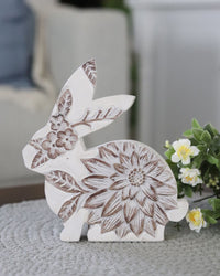 Whitewashed Floral Carved Resin Bunny Sitting