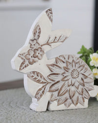 Whitewashed Floral Carved Resin Bunny Sitting