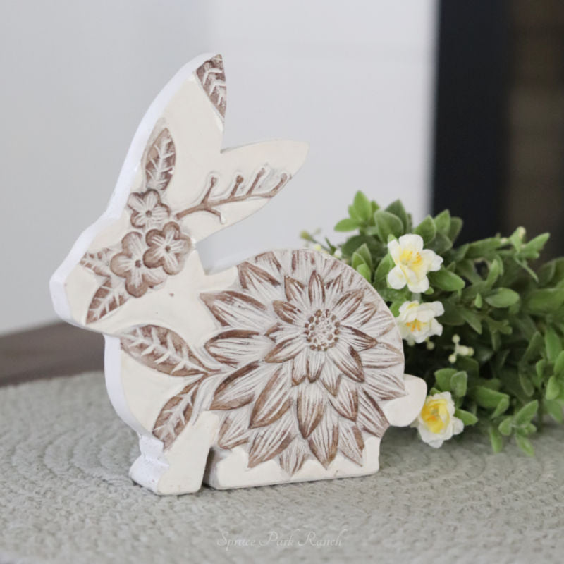 Whitewashed Floral Carved Resin Bunny Sitting