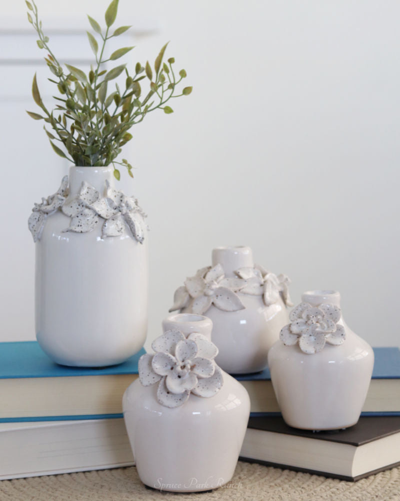 White Ceramic Mini Vase With Raised Flowers