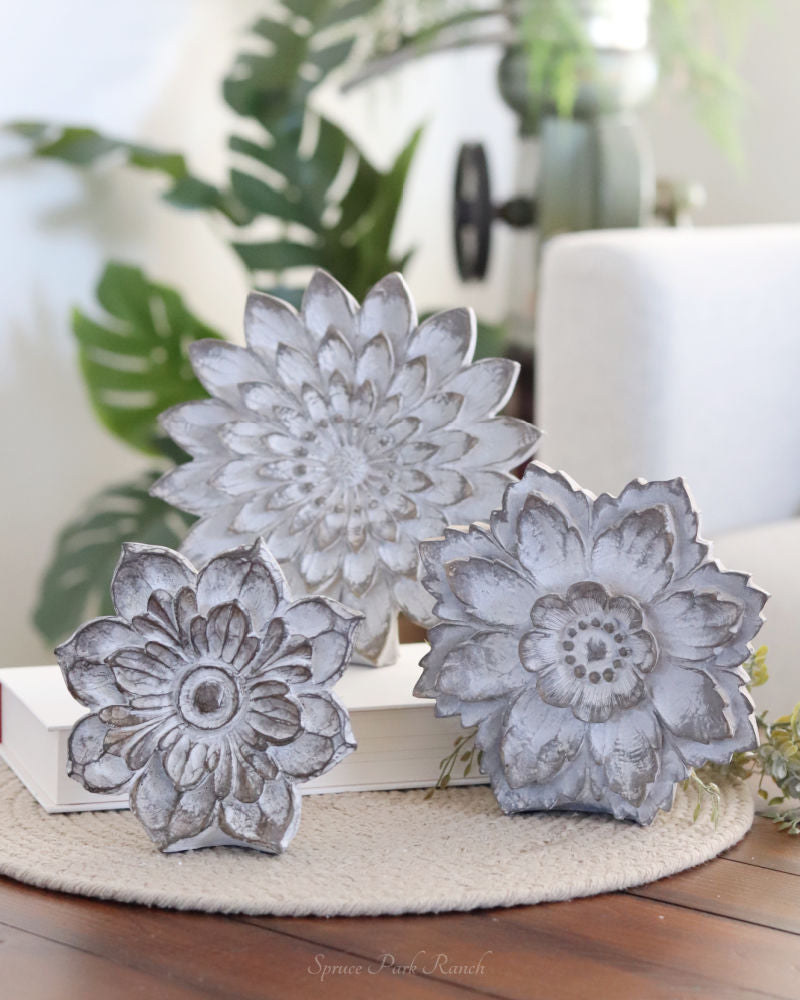 Whitewashed Carved Tabletop Resin Flowers