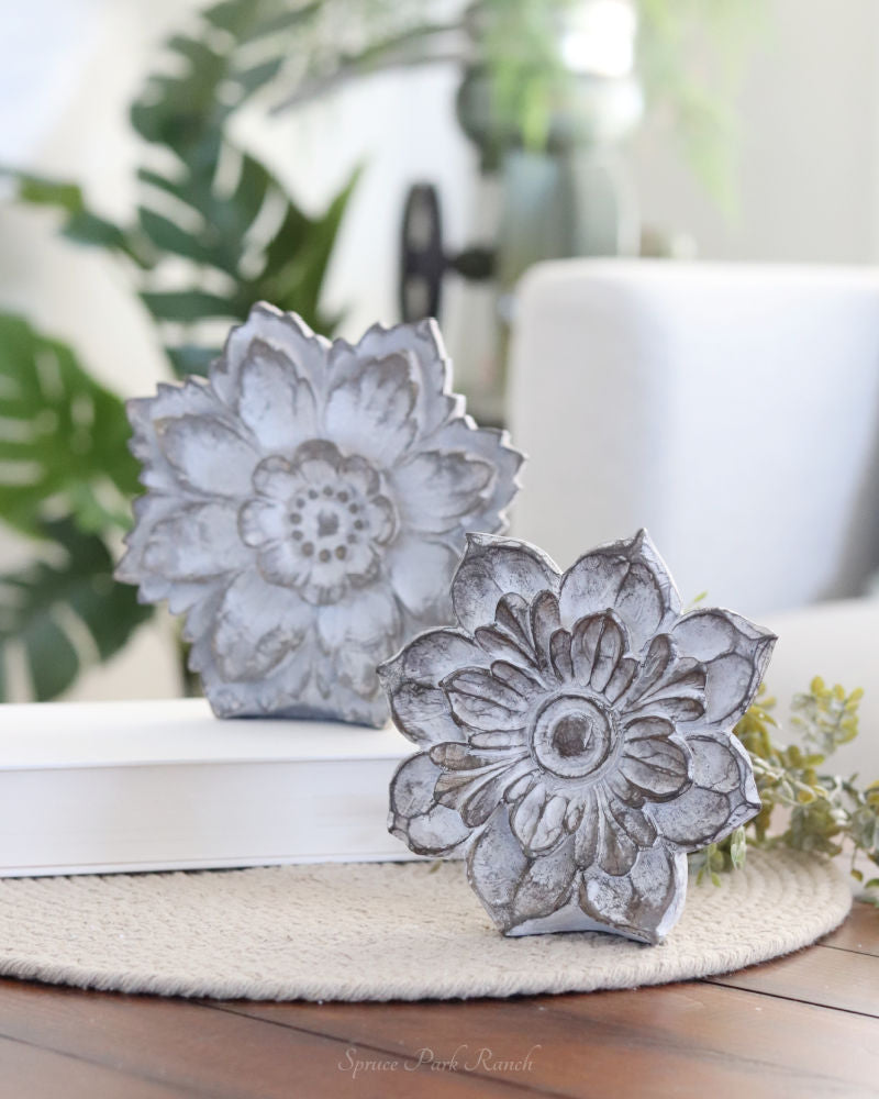 Whitewashed Carved Tabletop Resin Flowers