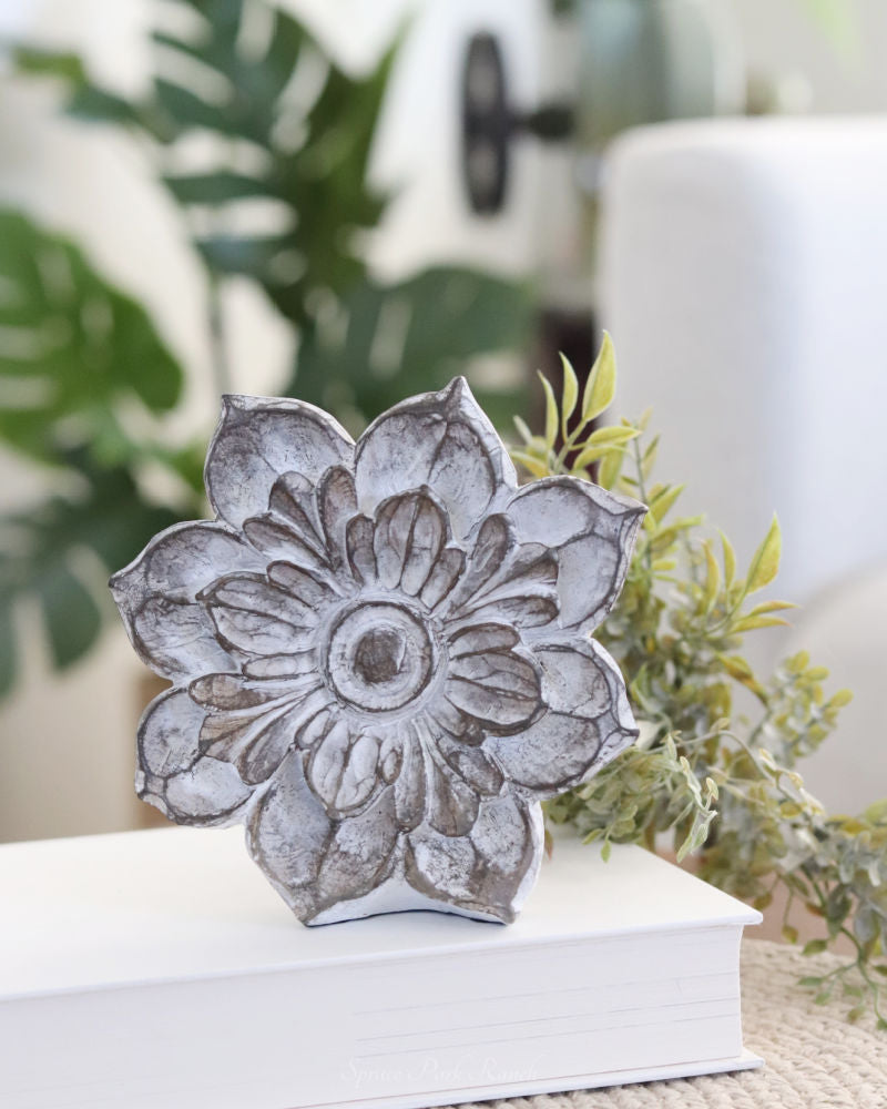 Whitewashed Carved Tabletop Resin Flowers