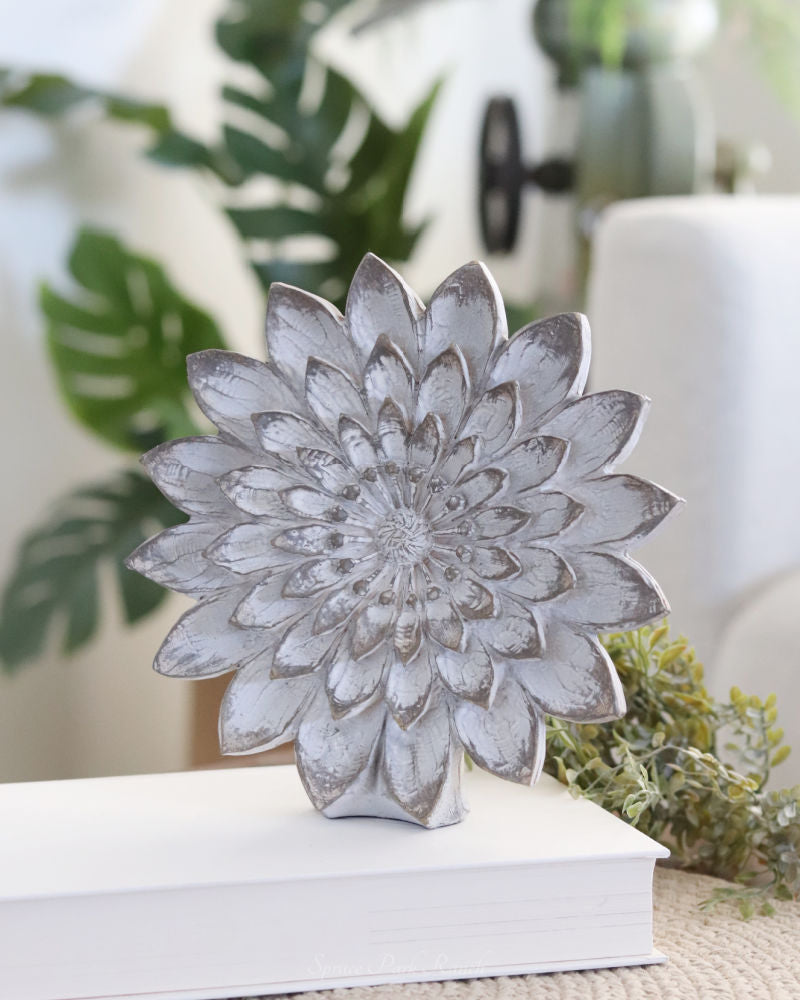 Whitewashed Carved Tabletop Resin Flowers