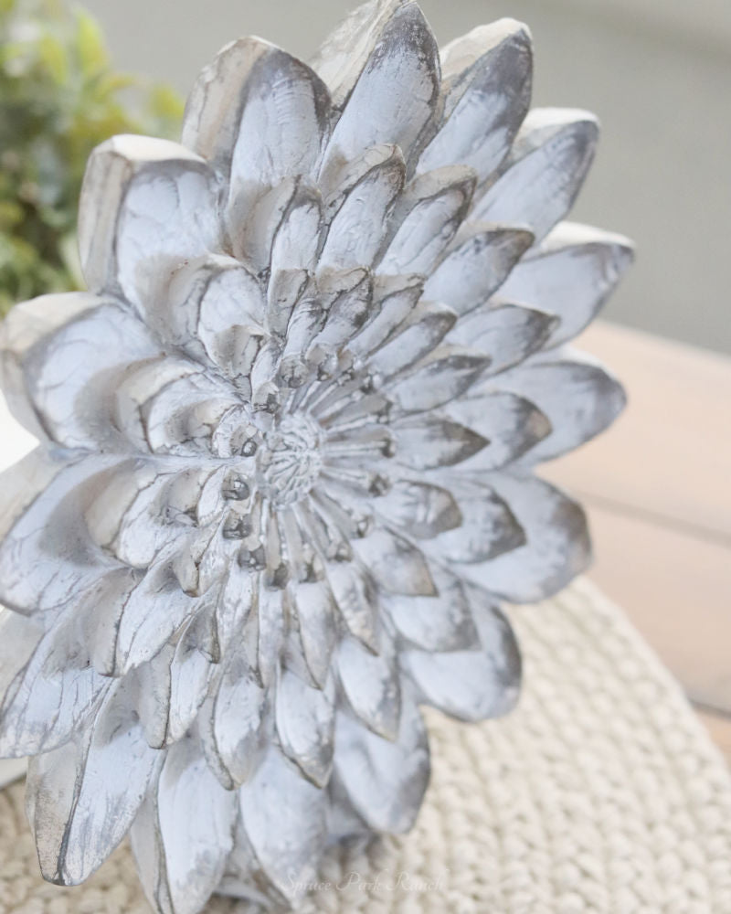 Whitewashed Carved Tabletop Resin Flowers