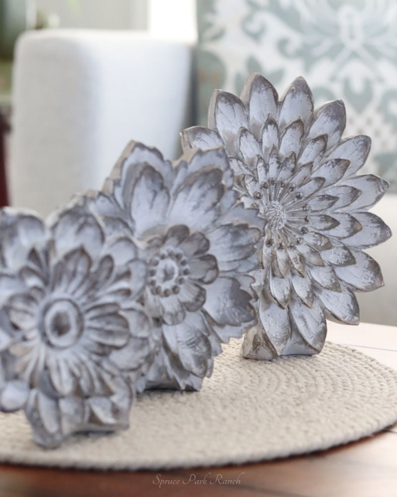 Whitewashed Carved Tabletop Resin Flowers