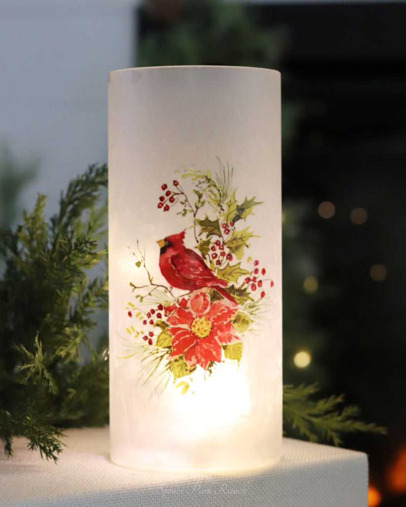 Frosted Glass Cardinal Lighted Cylinder
