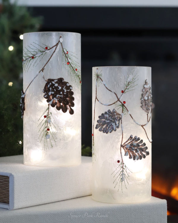 Frosted Glass Holiday Pinecone and Evergreen Cylinder